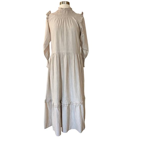 ROLLER RABBIT Maxi Dress Delfia Beige Ruffle Trim High Neck Long Sleeves Small - Picture 11 of 11